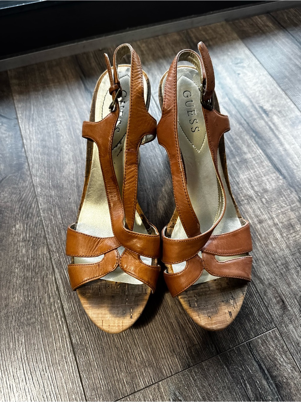 GUESS Tan Leather Wedge Sandals Size 8.5